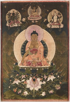 Lot 169 - A SMALL THANG-KA DEPICTING BUDDHA, TIBET, 18TH/19TH CENTURY