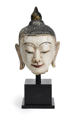 Lot 371 - A CARVED AND PAINTED MARBLE HEAD OF BUDDHA, BURMA (NOW MYANMAR), CIRCA 1900
