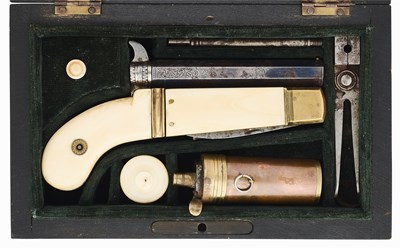 Lot 223 - A RARE COMBINED 140 BORE IVORY-MOUNTED PERCUSSION PISTOL AND CUTLERY SET, STIRLING, BURNLEY, CIRCA 1880