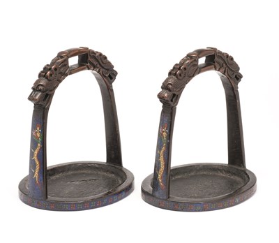 Lot 11 - A PAIR OF CHINESE BRONZE AND CLOISONNÃ‰ STIRRUPS