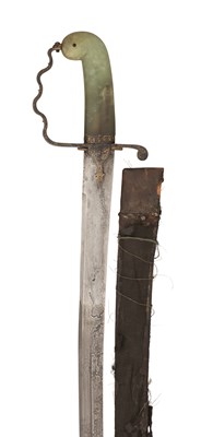 Lot 32 - AN INDIAN SWORD (SHAMSHIR) WITH GREEN HARDSTONE HILT