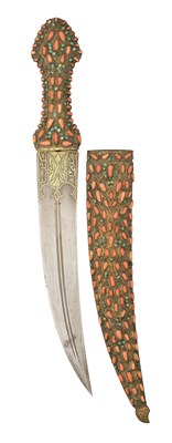Lot 69 - ËœAN OTTOMAN CORAL-AND TURQUOISE-MOUNTED DAGGER (JAMBIYA)