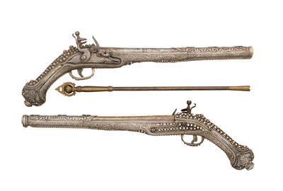 Lot 96 - ËœA PAIR OF 18 BORE SILVER-MOUNTED OTTOMAN BALKAN FLINTLOCK HOLSTER (KUBUR) PISTOLS