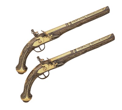 Lot 97 - A PAIR OF 20 BORE HIGHLY DECORATED OTTOMAN FLINTLOCK HOLSTER (KUBUR) PISTOLS