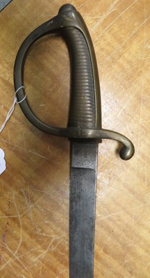 Lot 150 - A GERMAN DECORATIVE IRON HATCHET, A CONTINENTAL INFANTRY SWORD AND A MACHETE