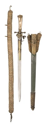 Lot 197 - A RARE GERMAN COMBINED HUNTING SWORD AND 120 BORE FLINTLOCK PISTOL