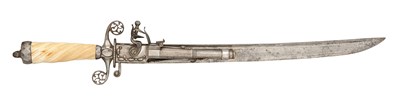 Lot 198 - ËœA RARE ENGLISH COMBINED HUNTING SWORD AND 100 BORE FLINTLOCK PISTOL