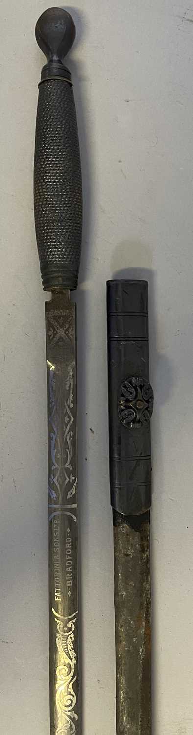 Lot 218 - A MASONIC SWORD RETAILED BY FATTORINI & SONS LTD, BRADFORD; THREE DETACHED BLADES AND SCABBARDS; TWO EPEES