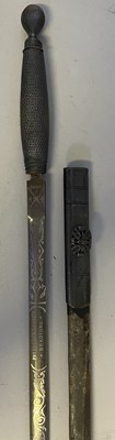 Lot 218 - A MASONIC SWORD RETAILED BY FATTORINI & SONS LTD, BRADFORD; THREE DETACHED BLADES AND SCABBARDS; TWO EPEES