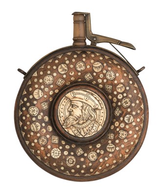 Lot 221 - A DECORATED CIRCULAR POWDER-FLASK IN GERMAN 17TH CENTURY STYLE