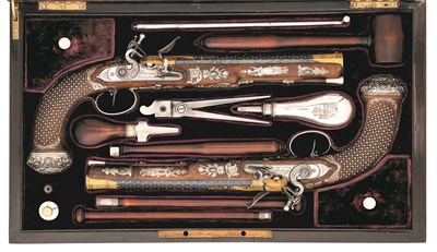Lot 250 - ËœAN ELABORATE PAIR OF 32 BORE CONTINENTAL SILVER-MOUNTED RIFLED PISTOLS SIGNED BOUTET A VERSAILLES