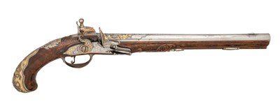 Lot 251 - Property from an Important Private Collection A GERMAN SILVER-MOUNTED FLINTLOCK HOLSTER PISTOL