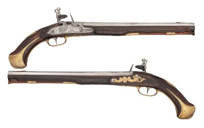 Lot 252 - A PAIR OF 20 BORE FLINTLOCK LONG GERMAN HOLSTER PISTOLS BY WITTEMAN A GISSEN
