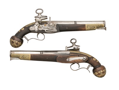 Lot 253 - A PAIR OF 14 BORE SPANISH MIQUELET-LOCK PISTOLS