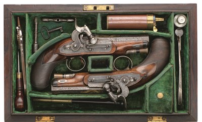 Lot 277 - â€¡A FINE CASED PAIR OF 30 BORE SILVER-MOUNTED PELLET-LOCK PISTOLS BY CHARLES MOORE