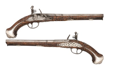 Lot 278 - A FINE PAIR OF SILVER-MOUNTED FLINTLOCK HOLSTER PISTOLS BY JOHN COSENS, CIRCA 1690