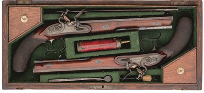 Lot 279 - A CASED PAIR OF 22 BORE FLINTLOCK DUELLING PISTOLS BY PHILIP JOHN JOSEPH BOND