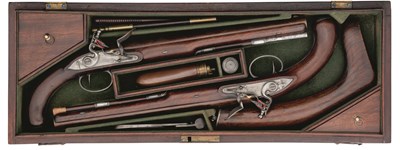 Lot 280 - A CASED PAIR OF 30 BORE FLINTLOCK RIFLED OFFICER'S PISTOLS BY BARTON WITH SHOULDER STOCK