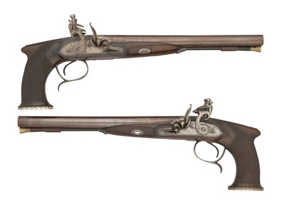 Lot 281 - â€¡A FINE AND RARE PAIR OF 28 BORE D.B. FLINTLOCK SINGLE-TRIGGER SAW-HANDLED CARRIAGE PISTOLS BY
