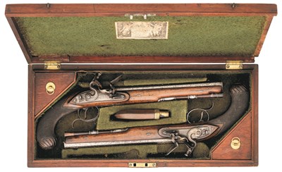 Lot 282 - Property from the Estate of Patrick Kelly A CASED PAIR OF FLINTLOCK DUELLING PISTOLS