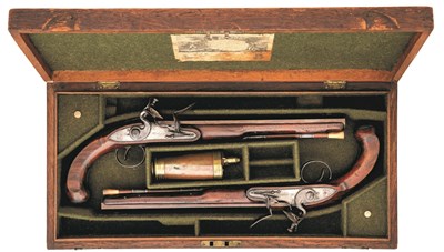 Lot 283 - Property from the Estate of Patrick Kelly A CASED PAIR OF 22 BORE FLINTLOCK DUELLING PISTOLS