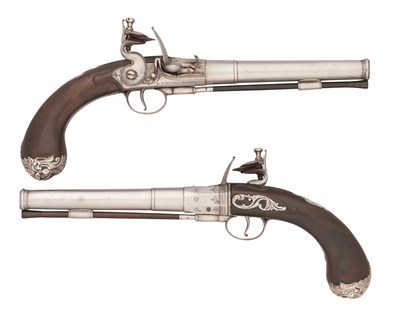 Lot 284 - A PAIR OF 14 BORE FLINTLOCK SILVER-MOUNTED PISTOLS BY HENRY DELANEY