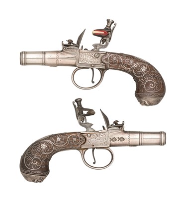 Lot 285 - â€¡AN EXCEPTIONAL PAIR OF 120 BORE FLINTLOCK BOX-LOCK POCKET PISTOLS WITH SILVER BARRELS