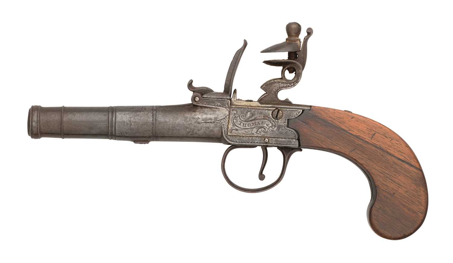 Lot 291 - A 54 BORE FLINTLOCK TURN-OFF PISTOL BY THOMAS
