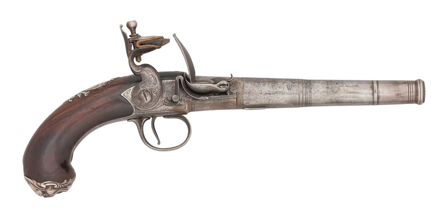 Lot 297 - A 25 BORE SILVER-MOUNTED FLINTLOCK TURN-OFF PISTOL BY RICHARD (1)  WILSON