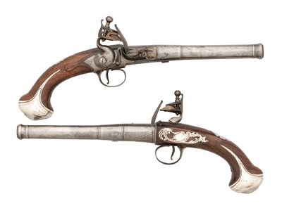 Lot 299 - The Property of a Gentleman A PAIR OF 22 BORE SILVER-MOUNTED FLINTLOCK TURN-OFF PISTOLS