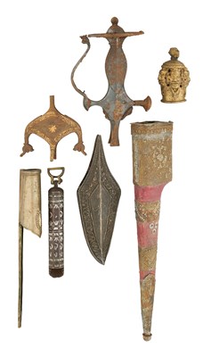 Lot 58 - AN OTTOMAN DECORATED IRON POWDER MEASURE, 19TH CENTURY AND A QUANTITY OF ELEMENTS OF EASTERN ARMS AND ARMOUR, 18TH/19TH CENTURY