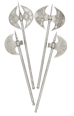 Lot 151 - FOUR ETCHED INDO-PERSIAN AXES, 19TH CENTURY