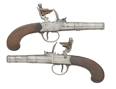 Lot 460 - A PAIR OF 54 BORE FLINTLOCK POCKET PISTOLS BY T. TREACHER, CHESHAM, BUCKINGHAMSHIRE, PRIVATE PROOF MARKS,  CIRCA 1790