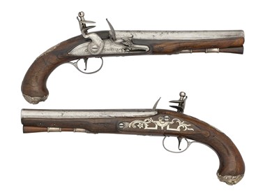 Lot 446 - A PAIR OF SILVER-MOUNTED FLINTLOCK PISTOLS BY JOSEPH GRIFFIN, LONDON, LONDON SILVER HALLMARKS, MAKER'S MARK JA, CIRCA 1770