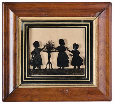 Lot 55 - A REVERSE GLASS PAINTED SILHOUETTE PICTURE OF 'THE HAPPY CHILDREN', ENGLISH SCHOOL, 19TH CENTURY