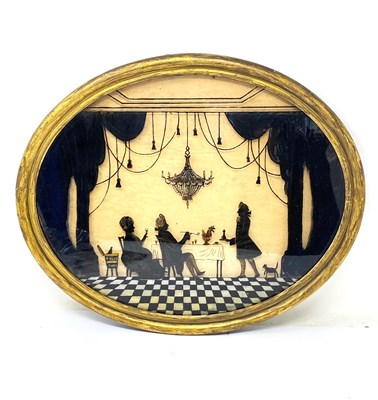 Lot 55 - A REVERSE GLASS PAINTED SILHOUETTE PICTURE OF 'THE HAPPY CHILDREN', ENGLISH SCHOOL, 19TH CENTURY