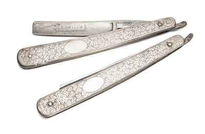 Lot 255 - A PAIR OF VICTORIAN SILVER-MOUNTED CUT-THROAT RAZORS, JOHN NOWILL & SONS OF SHEFFIELD, BIRMINGHAM, 1894