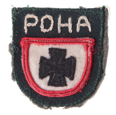 Lot 71 - A RUSSIAN VOLUNTEER 'POHA' (GERMAN SERVICE) THEATRE MADE CLOTH SLEEVE SHIELD INSIGNIA