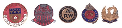 Lot 191 - GREAT BRITAIN: FIVE SECOND WORLD WAR 'HOME FRONT' ARP AND FIRE WATCHER METAL AND ENAMEL BADGES