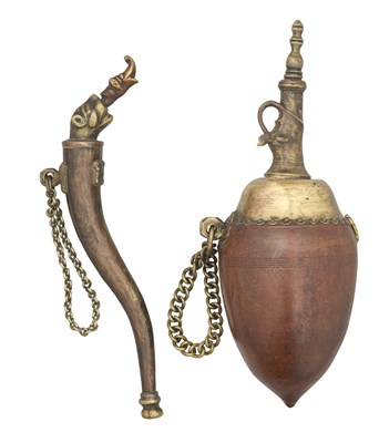 Lot 111 - A SOUTH INDIAN FLASK, POSSIBLY MALABAR 19TH CENTURY AND AN INDIAN POWDER FLASK, 19TH/20TH CENTURY