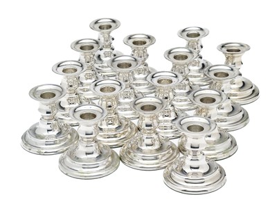 Lot 149 - A SET OF FOURTEEN SILVER DWARF CANDLESTICKS, MAKER'S MARK W.E.V., SHEFFIELD, 1996