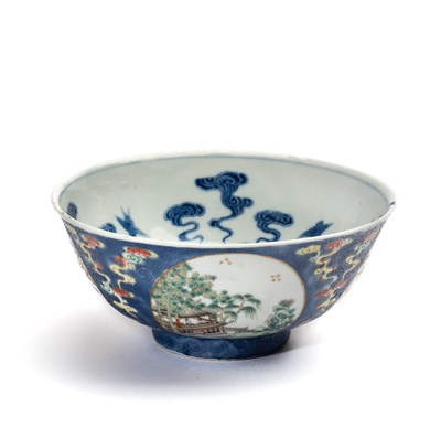 Lot 13 - A CHINESE FAMILLE ROSE BLUE-SGRAFFIATO-GROUND 'MEDALLION' BOWL