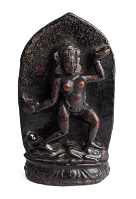 Lot 48 - A TIBETAN WOOD RELIEF PANEL DEPICTING A DAKINI