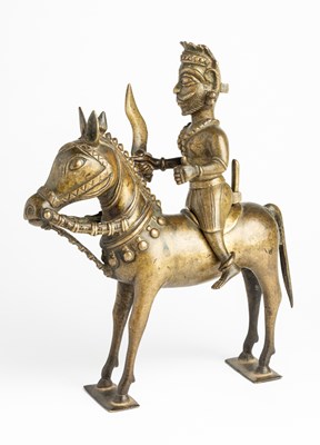 Lot 100 - A BRASS FIGURE OF KHANDOBA ON HIS HORSE