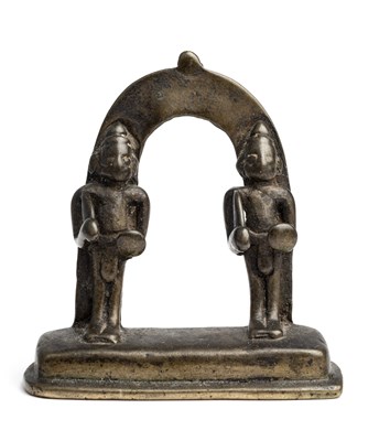 Lot 114 - A SMALL BRONZE SHRINE DEPICTING TWO WARRIORS