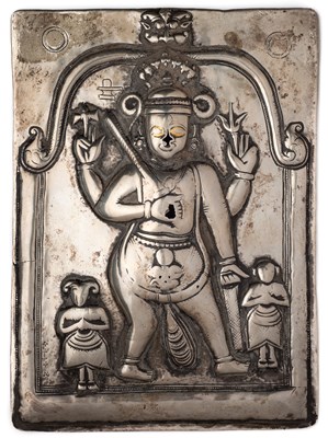 Lot 115 - A SILVER REPOUSSE VIRABHADRA PLAQUE