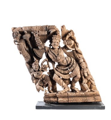 Lot 120 - A CARVED WOOD PANEL FROM A PROCESSIONAL CHARIOT (RATHA)