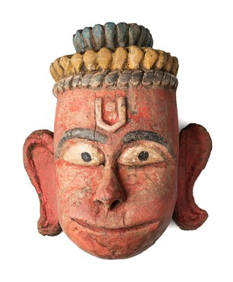 Lot 121 - A PAINTED AND CARVED WOOD RITUAL MASK DEPICTING HANUMAN