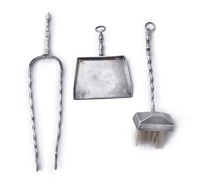 Lot 74 - A DUTCH SILVER MINIATURE DUST PAN, BRUSH AND FIRE TONGS, AMSTERDAM, 1740s