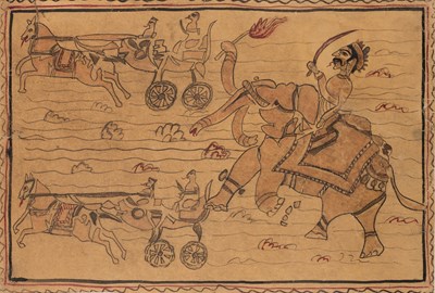 Lot 162 - A FOLK PAINTING DEPICTING INDRA ON AIRAVATA